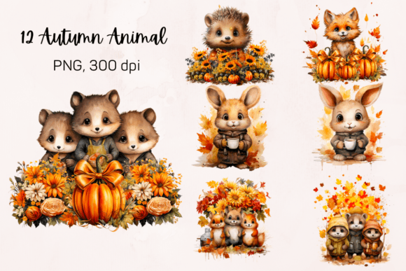 Download 12 Autumn Animal Watercolor Sublimation - Autumn Collection